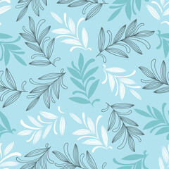 Abstract hand drawn seamless pattern of floral ornament leaves, branches, curls, flowing lines. Decorative blue vector illustration for greeting card, invitation, wallpaper, wrapping paper, fabric