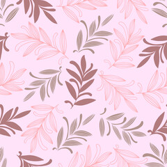 Abstract hand drawn seamless pattern of floral ornament leaves, branches, curls, flowing lines. Decorative pink vector illustration for greeting card, invitation, wallpaper, wrapping paper, fabric