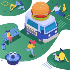 Isometric food truck, vector illustration. Fastfood hot design, street snack at city van. Man woman people character eating in park, business car stall. Meal outdoor market, cartoon service.