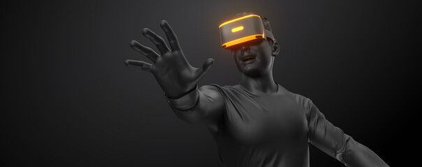 VR headset, technology. 3d render of the man, wearing virtual reality glasses on black background. VR games. You will also find a EPS 10 for this image in my portfolio. Thanks for watching
