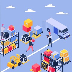 Truck delivery isometric by transport cargo, vector illustration. Box transportation and logistic service, storage business. People character loading goods, forklift with container cartoon design