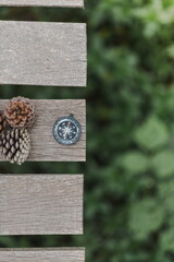 a compass on the wooden plate in the forest