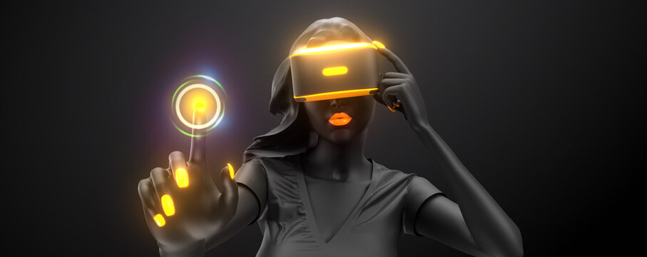 VR headset, online shopping. 3d render of the woman, wearing virtual reality glasses on black background. Woman buys a goods in one click. You will also find a EPS 10  for this image in my portfolio