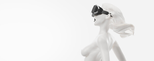 VR headset, online shopping. 3d render of the woman, wearing virtual reality glasses on white background. Woman buys a goods in one click. You will also find a EPS 10 for this image in my portfolio