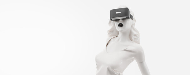VR headset, online shopping. 3d render of the woman, wearing virtual reality glasses on white background. Woman buys a goods in one click. You will also find a EPS 10 for this image in my portfolio
