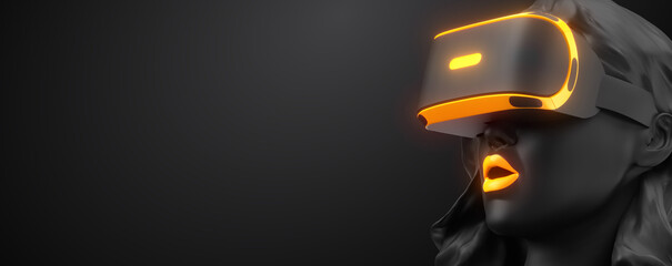 VR headset, online shopping. 3d render of the woman, wearing virtual reality glasses on black background. Woman buys a goods in one click. You will also find a EPS 10  for this image in my portfolio