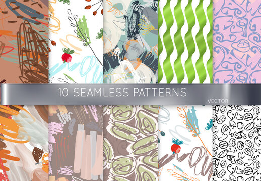Green Shiny Ribbons Hand Drawn Seamless Pattern Art Kit