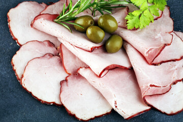 glazed sliced ham or boiled Ham Slices, thinley cuts on table