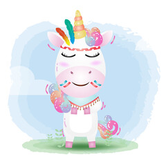 a cute unicorn in a headdress with feathers. Cartoon apache unicorn. Vector illustration