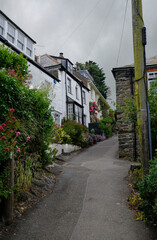 Fototapeta na wymiar Steep, winding path among a cluster of cottages, Port Isaac, Cornwall, UK.