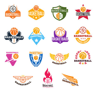 Collection of basketball logo, badge or label concept. Creative design template composition for branding sport club, championship, competition. Modern vector illustration.