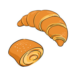 Set of Delicious roll-bun and Tasry croissant. illustration isolated on white background.