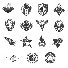 Collection of basketball logo, badge or label concept. Creative design template composition for branding sport club, championship, competition. Modern vector illustration.