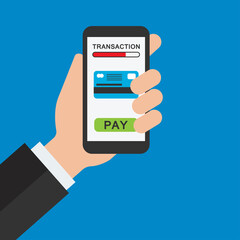 money transaction on mobile banking app,  hand holding mobile for on line business concept. vector illustration
