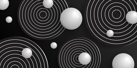 Black abstract background. Template in realistic style with circles and white spheres. Vector illustration balls 3D. Horizontal banner.