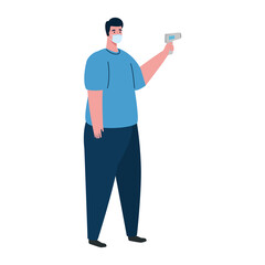 covid 19 coronavirus, man holding infrared thermometer to measure body temperature vector illustration design