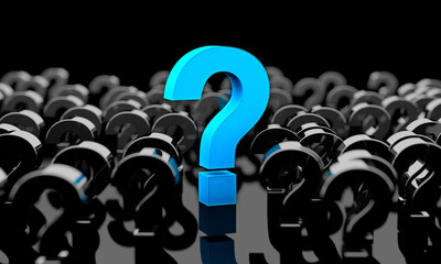 Blue question mark isolated over black background in dark space.Concept of doubts and questions.Question mark.3d illustration
