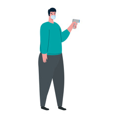 covid 19 coronavirus, man holding infrared thermometer to measure body temperature vector illustration design