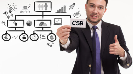 Business, technology, internet and network concept. Young businessman thinks over the steps for successful growth: CSR