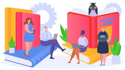 Education study by book online concept, vector illustration. Flat internet digital university, knowledge science school. Information design idea banner, people man woman character.