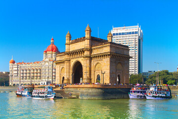 The Gateway of India and boats as seen from the Mumbai Harbour in Mumbai, India