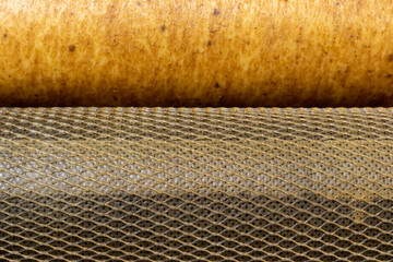 Used dirty replaceable filter cartridges for drinking water purification closeup background...