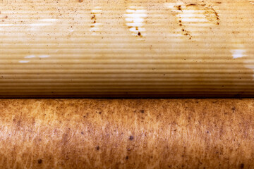 Used dirty replaceable filter cartridges for drinking water purification closeup background texture. Water filtration RO (reverse osmosis) system