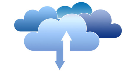 Public and hybrid clouds concept. Blue clouds with arrows introducing connectivity with on-premise infrastructure. Modern network architecture.