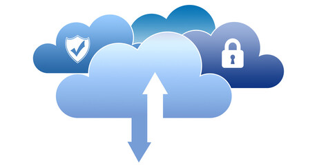 Public and hybrid clouds concept. Blue clouds with security logos and arrows introducing connectivity with on-premise infrastructure. Modern network architecture.