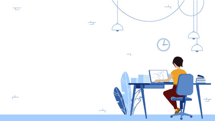 Manager work at the computer, sit back. Free space for text. White background