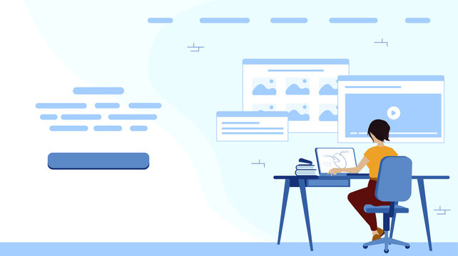 Woman work in office,  computer on desk, sit back. Example of web page