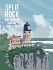 Minnesota tourist vector poster with landscapes, sightseeing in flat vintage style. Minneapolis on a card for tourists and decor. Rock lighthouse - 358337541