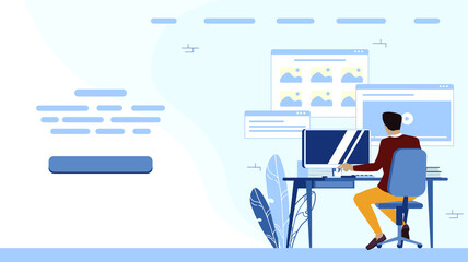 Fototapeta premium Open window of application on the background, businessman sit back on the computer. Example of web page. 