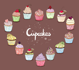 Cupcakes collection. Different cakes vector set. Many types cupcake isolated. 