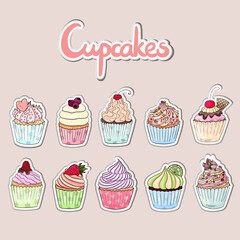 Cupcakes sticker collection. Different cakes vector set. Many types cupcake isolated. Colorful scrapbook sticker pack.