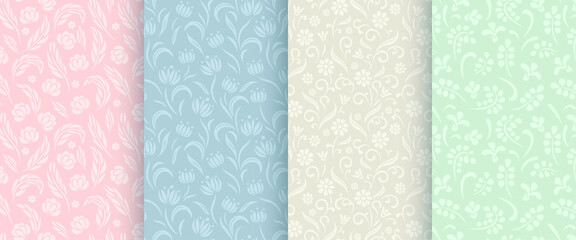 Set of ornamental flowers seamless pattern. Collection of floral backgrounds of different colors. Vector illustration. 