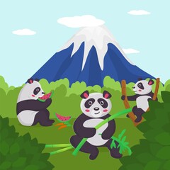 Animale near mountain, nature wildlife park, vector illustration. Panda bear character eat bamboo asian tree in china green forest. Cartoon asia environment, cute outdoor wild mammal.