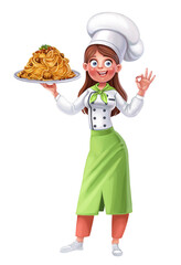 Cute girl cook offers a taste of spaghetti with meat sauce  on white background