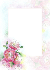 Floral modern card. Drawing pink flowers peonies on white background. Place for copy space. template for design wedding invitations, greetings, business card, decoration