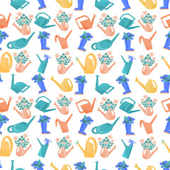 Seamless pattern of cute flower watering cans and flowers on a white background. Gardening. Home garden. Vector illustration in flat style.