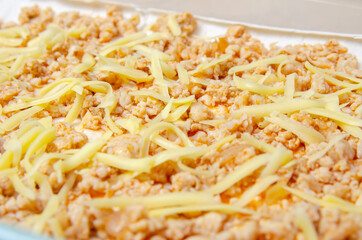 Cooking homemade lasagna in a glass dish for baking. Sprinkled with cheese lasagna before sending to the oven close up