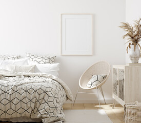 Mock up frame in bedroom interior background, white room with natural wooden furniture, Scandi-Boho style, 3d render