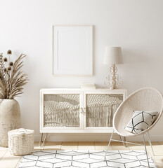 Mock up frame in home interior background,
 white room with natural wooden furniture, Scandi-Boho style, 3d render