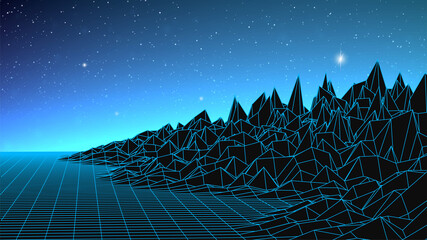 Synthwave background. Dark Retro Futuristic backdrop with blue wireframe landscape and sky full of stars. Horizon glow. Abstract Retrowave template. 80s Vaporwave style. Stock vector illustration