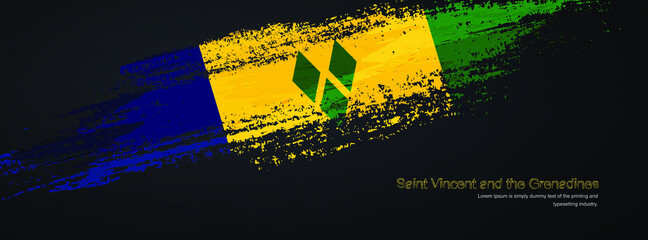 Grunge brush of Saint Vincent and the Grenadines flag on shiny black background. Artistic glitter sparkle brush paint vector illustration