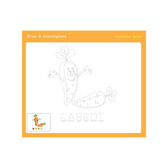 Simple educational draw and coloring game for kids. Illustration of funny Carrot. 