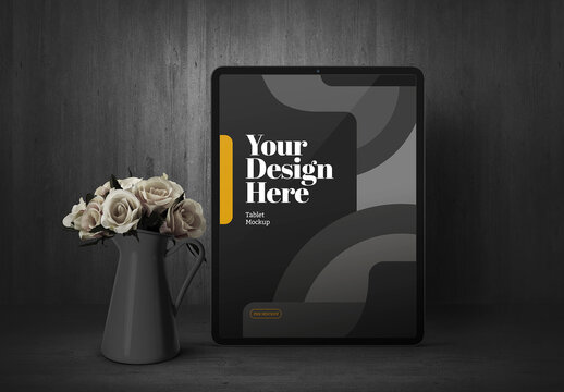 Tablet and Glass Vase with Flowers Mockup