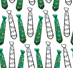 Green flat style and black outline style neckties with garlands print seamless pattern on white background