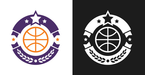 Basketball logo, badge or label concept. Creative design template composition for branding sport club, championship, competition. Modern vector illustration.