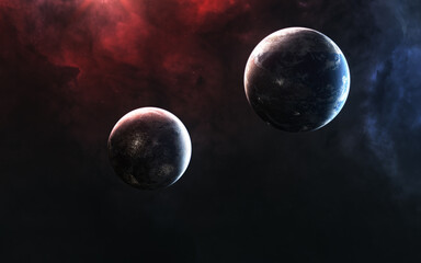 Obraz na płótnie Canvas Inhabited planets on background of nebulae in red and blue light. Science fiction. Elements of this image furnished by NASA